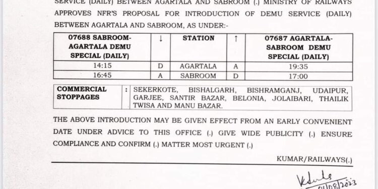 আগরতলা সাব্রুম রুটে আরও একটি ডেমু ট্রেনের উপহার দিল কেন্দ্রীয় রেল মন্ত্রক